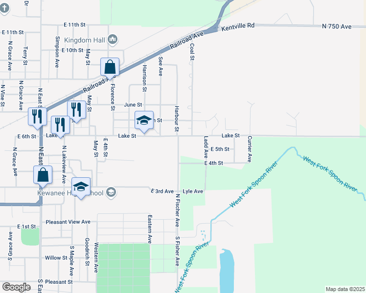 map of restaurants, bars, coffee shops, grocery stores, and more near 510 North Fischer Avenue in Kewanee