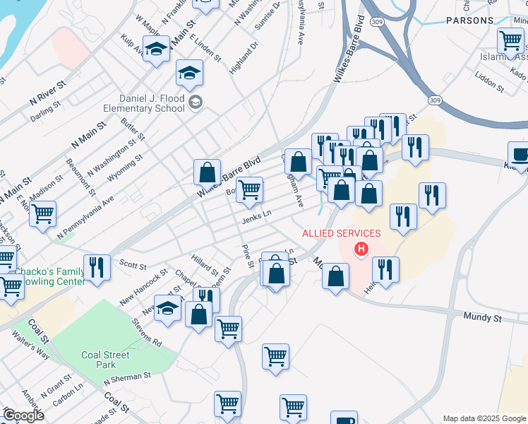 map of restaurants, bars, coffee shops, grocery stores, and more near 16 Laurel Street in Wilkes-Barre