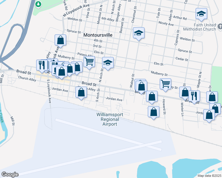 map of restaurants, bars, coffee shops, grocery stores, and more near 700 Broad Street in Montoursville