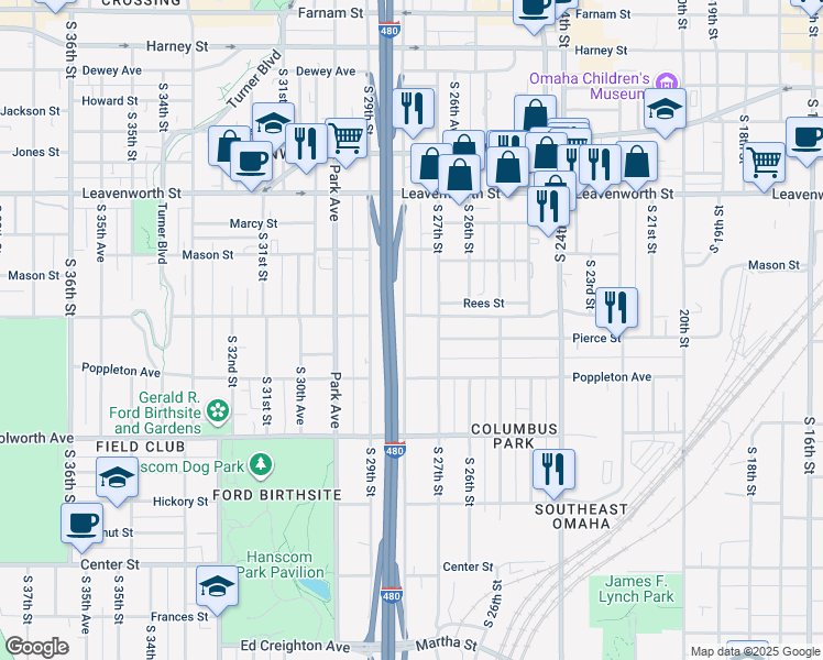 map of restaurants, bars, coffee shops, grocery stores, and more near 1109 South 28th Street in Omaha