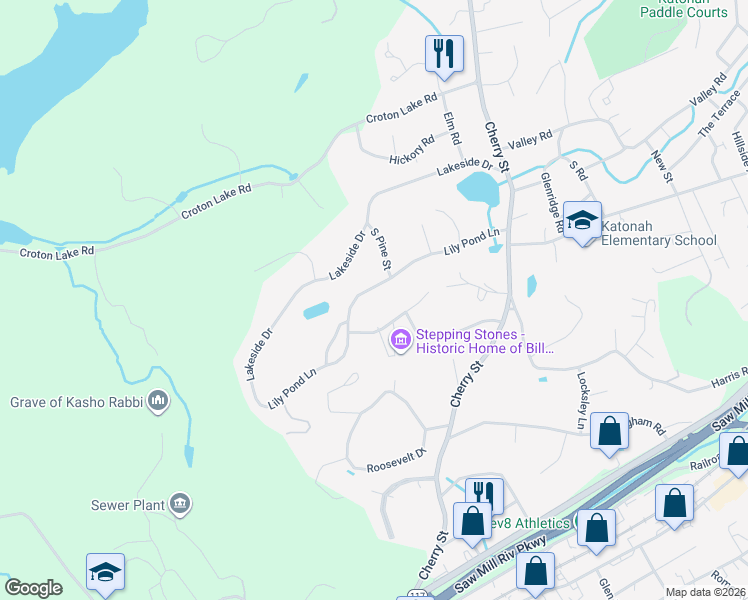 map of restaurants, bars, coffee shops, grocery stores, and more near 64 Lily Pond Lane in Katonah