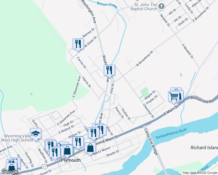 map of restaurants, bars, coffee shops, grocery stores, and more near 269 Vine St in Plymouth