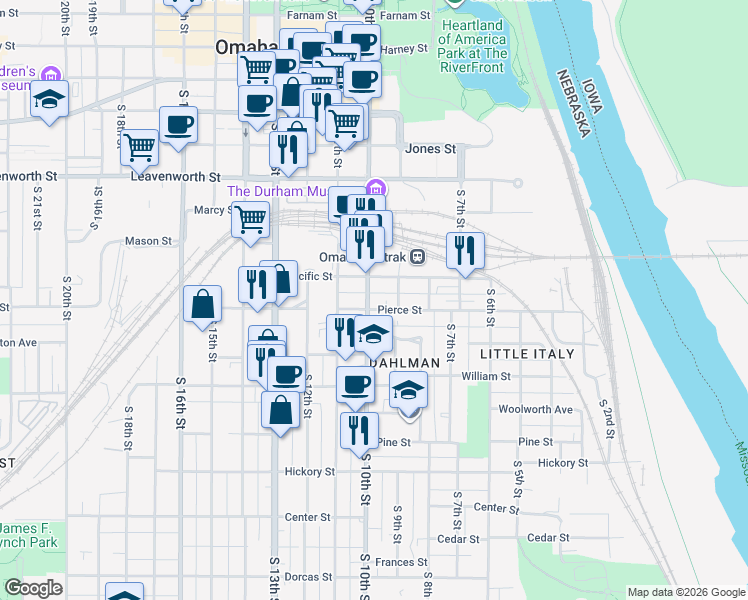 map of restaurants, bars, coffee shops, grocery stores, and more near 1125 South 11th Street in Omaha