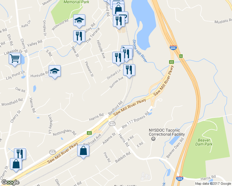 map of restaurants, bars, coffee shops, grocery stores, and more near 30 Sunrise Avenue in Katonah