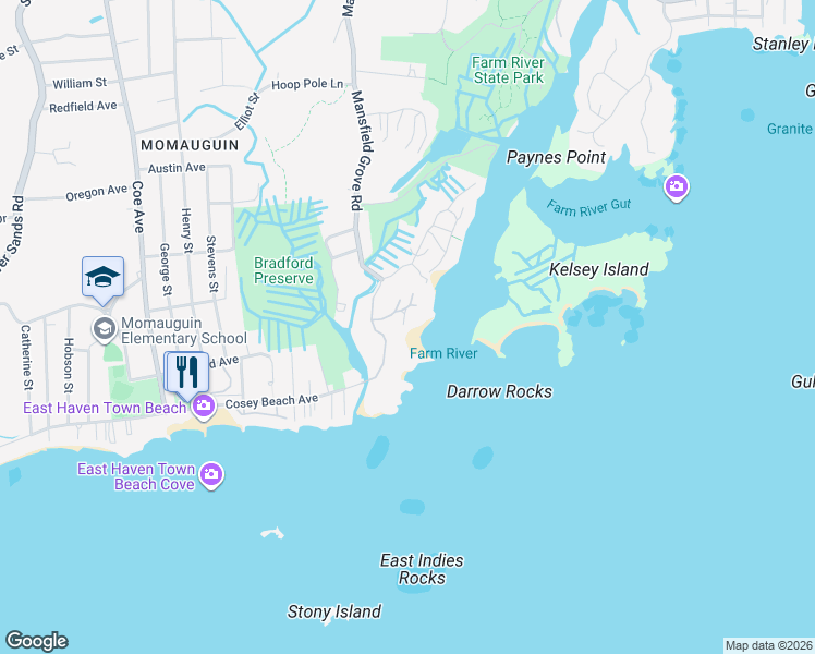 map of restaurants, bars, coffee shops, grocery stores, and more near 64 Mansfield Grove Road in East Haven