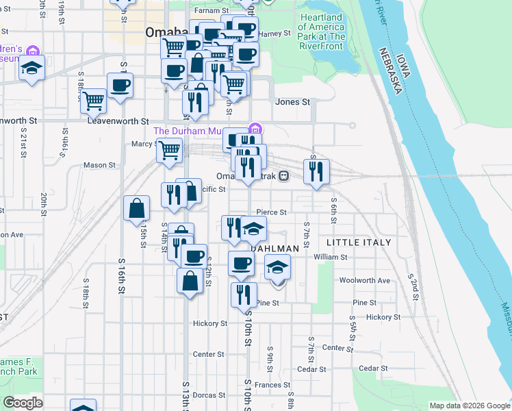 map of restaurants, bars, coffee shops, grocery stores, and more near 1115 South 10th Street in Omaha