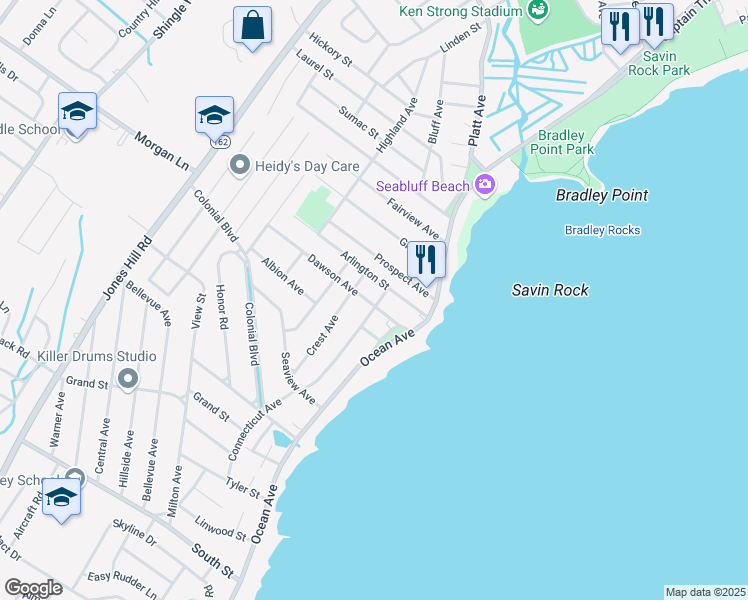 map of restaurants, bars, coffee shops, grocery stores, and more near 60 Arlington Street in West Haven