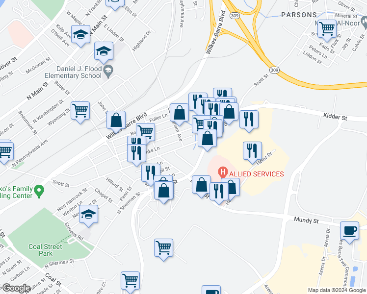 map of restaurants, bars, coffee shops, grocery stores, and more near in Wilkes-Barre