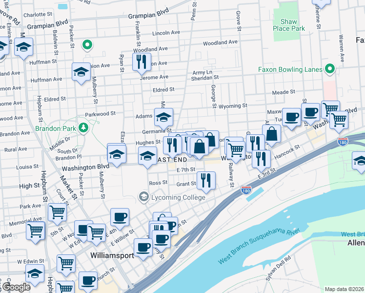 map of restaurants, bars, coffee shops, grocery stores, and more near 412 Wilson Street in Williamsport