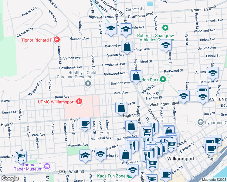 map of restaurants, bars, coffee shops, grocery stores, and more near 406 Park Court in Williamsport