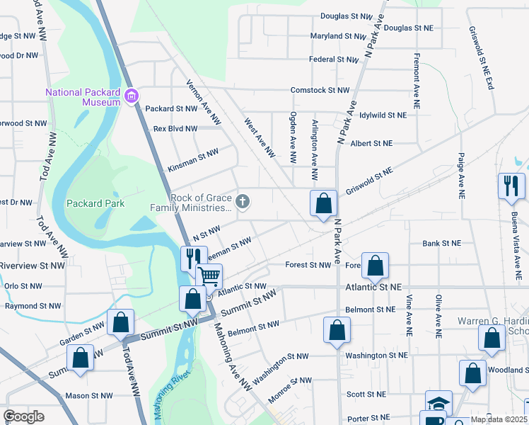 map of restaurants, bars, coffee shops, grocery stores, and more near 356 North Street Northwest in Warren