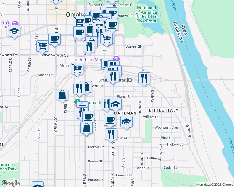 map of restaurants, bars, coffee shops, grocery stores, and more near 1125 South 11th Street in Omaha