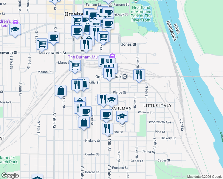 map of restaurants, bars, coffee shops, grocery stores, and more near 1125 South 11th Street in Omaha