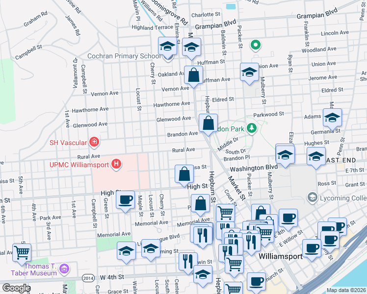map of restaurants, bars, coffee shops, grocery stores, and more near 408 Rural Avenue in Williamsport