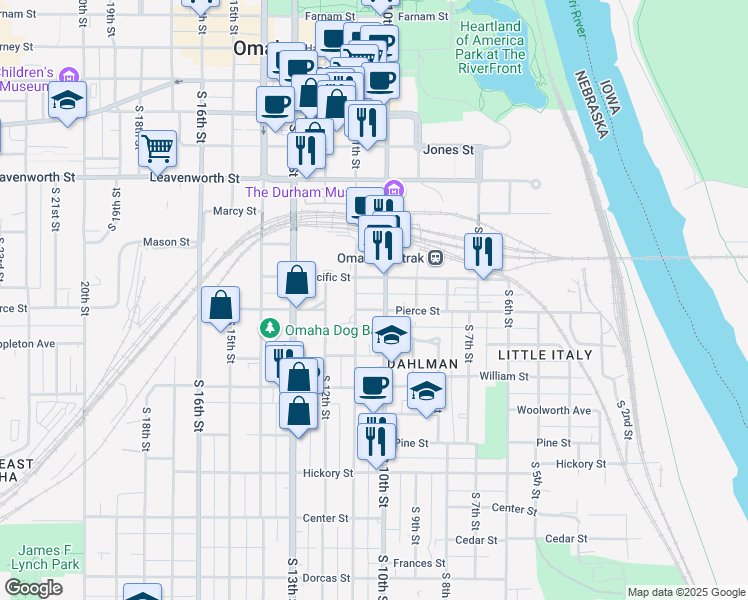 map of restaurants, bars, coffee shops, grocery stores, and more near 1125 South 11th Street in Omaha