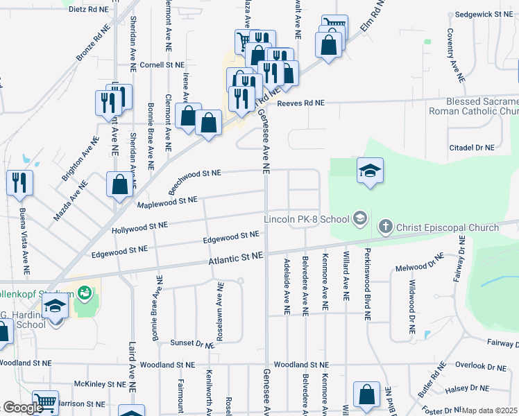map of restaurants, bars, coffee shops, grocery stores, and more near 1221 Genesee Avenue Northeast in Warren