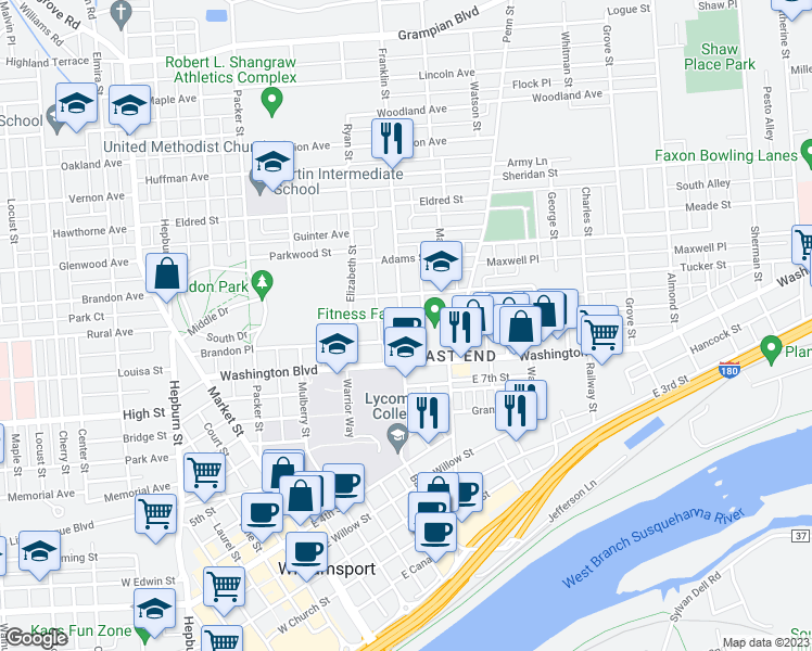 map of restaurants, bars, coffee shops, grocery stores, and more near 832 Franklin Street in Williamsport