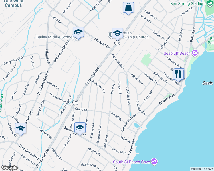 map of restaurants, bars, coffee shops, grocery stores, and more near 100 Magnolia Avenue in West Haven