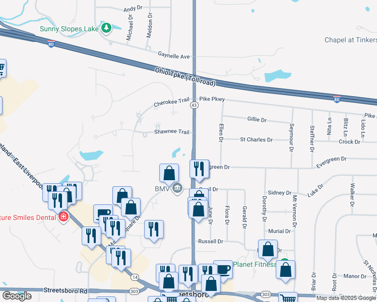 map of restaurants, bars, coffee shops, grocery stores, and more near 9463 Ohio 43 in Streetsboro