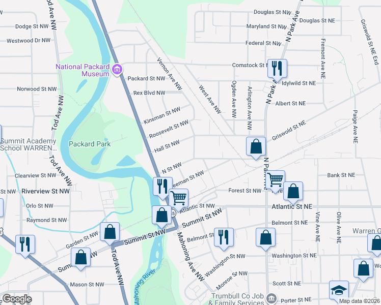 map of restaurants, bars, coffee shops, grocery stores, and more near 1329 Vernon Ave NW in Warren
