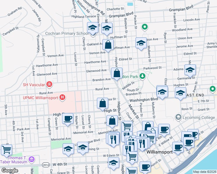 map of restaurants, bars, coffee shops, grocery stores, and more near 326 Rural Avenue in Williamsport