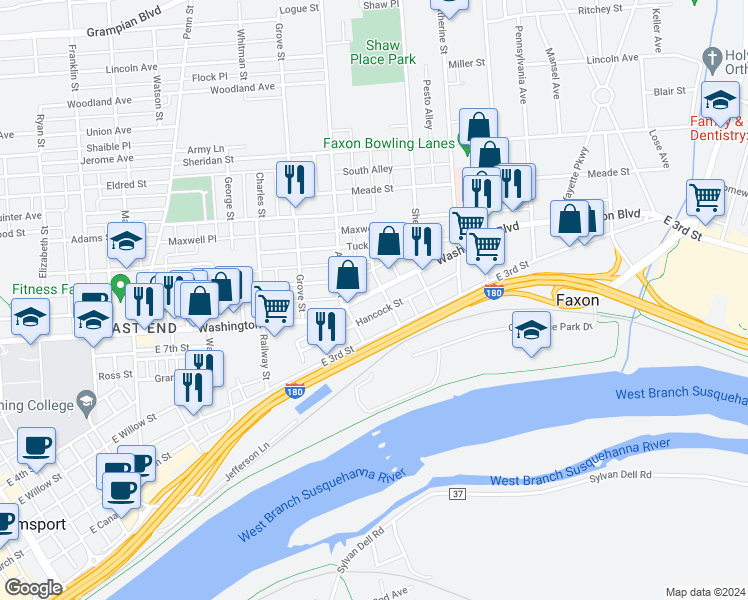 map of restaurants, bars, coffee shops, grocery stores, and more near 926 Washington Boulevard in Williamsport
