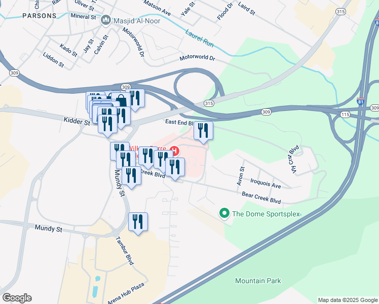 map of restaurants, bars, coffee shops, grocery stores, and more near 1111 East End Boulevard in Wilkes-Barre
