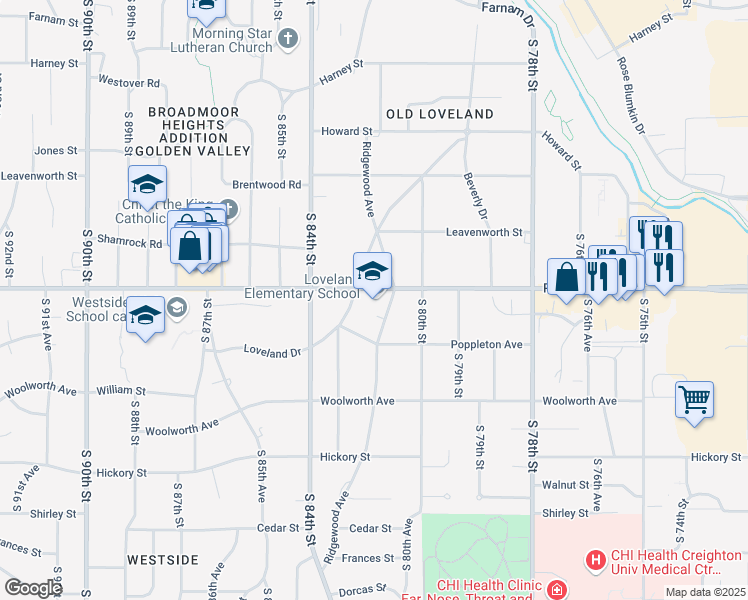 map of restaurants, bars, coffee shops, grocery stores, and more near 8201 Pacific Street in Omaha