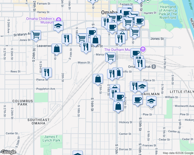 map of restaurants, bars, coffee shops, grocery stores, and more near 1126 South 15th Circle in Omaha