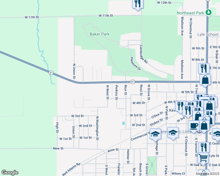 map of restaurants, bars, coffee shops, grocery stores, and more near 507 Perkins Street in Kewanee