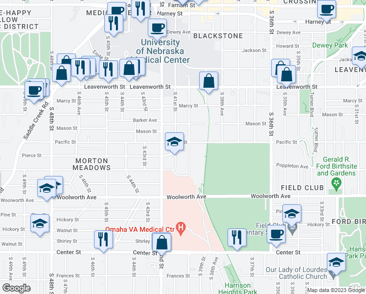 map of restaurants, bars, coffee shops, grocery stores, and more near 1111 South 41st Street in Omaha