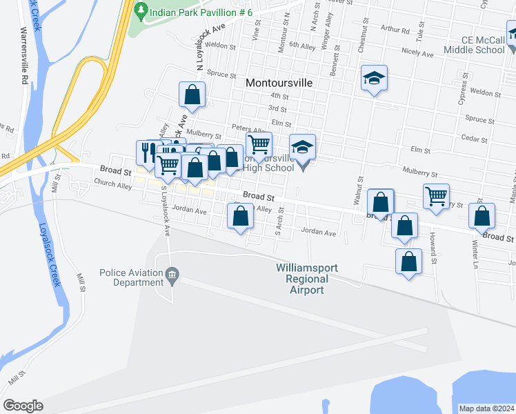 map of restaurants, bars, coffee shops, grocery stores, and more near 503 Church Alley in Montoursville