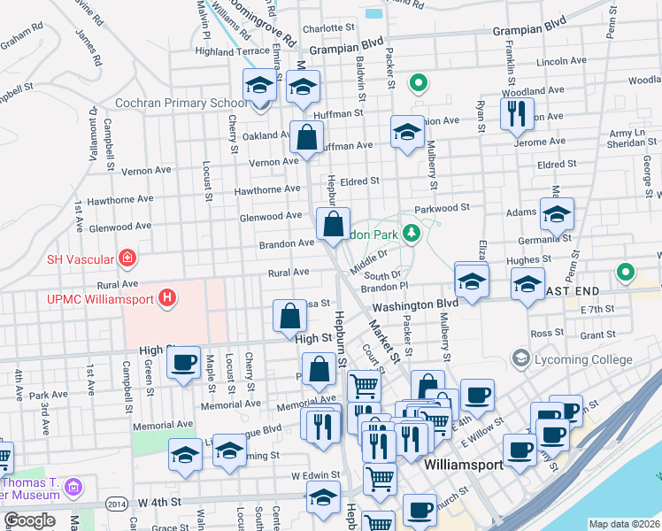 map of restaurants, bars, coffee shops, grocery stores, and more near in Williamsport