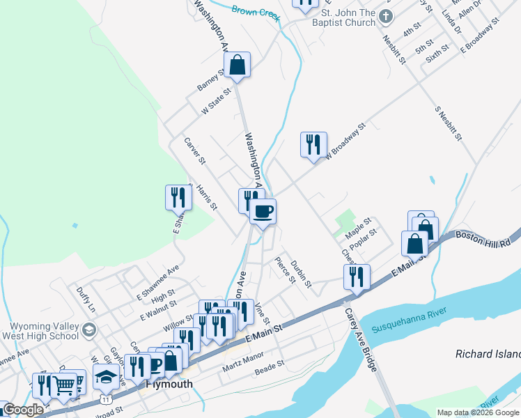 map of restaurants, bars, coffee shops, grocery stores, and more near 269 Vine St in Plymouth