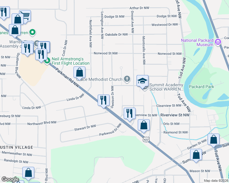 map of restaurants, bars, coffee shops, grocery stores, and more near 1634 Denison Drive Northwest in Warren