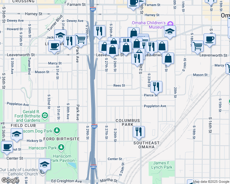 map of restaurants, bars, coffee shops, grocery stores, and more near 2602 Pierce Street in Omaha