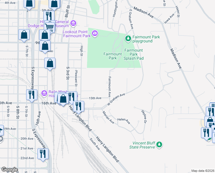 map of restaurants, bars, coffee shops, grocery stores, and more near 1250 Fairmount Avenue in Council Bluffs