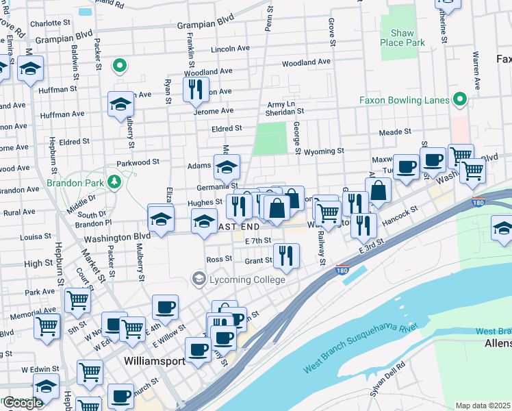 map of restaurants, bars, coffee shops, grocery stores, and more near 412 Wilson Street in Williamsport