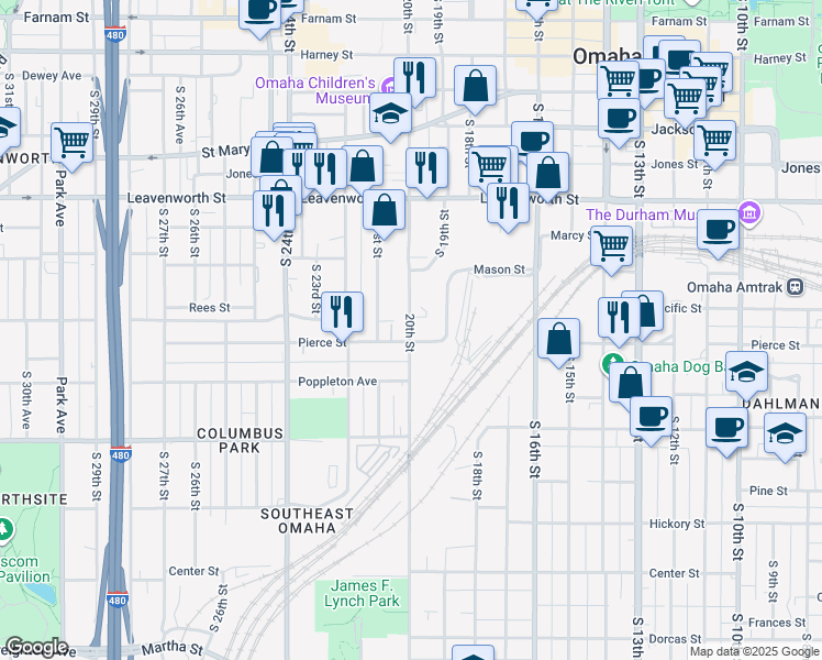 map of restaurants, bars, coffee shops, grocery stores, and more near 1045 South 20th Street in Omaha