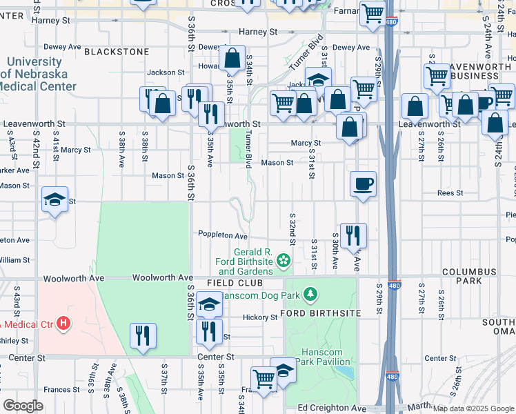 map of restaurants, bars, coffee shops, grocery stores, and more near 1103 Turner Boulevard in Omaha