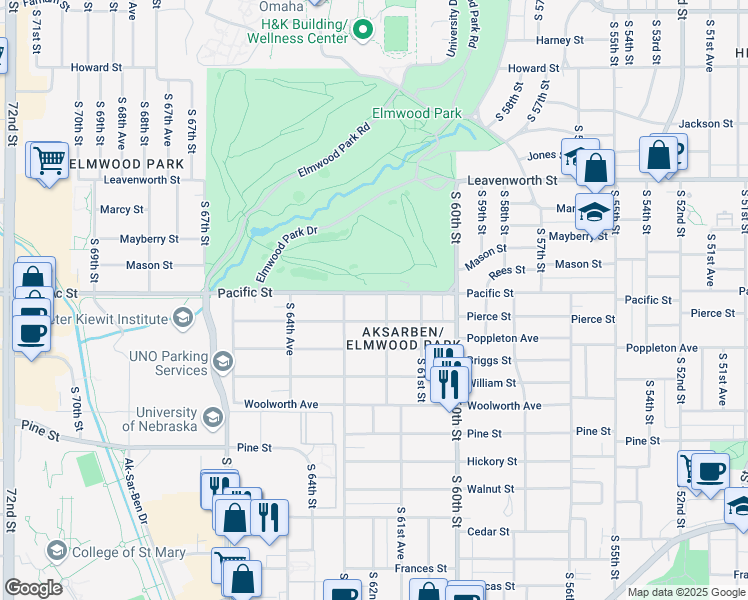 map of restaurants, bars, coffee shops, grocery stores, and more near 6231 Pacific Street in Omaha
