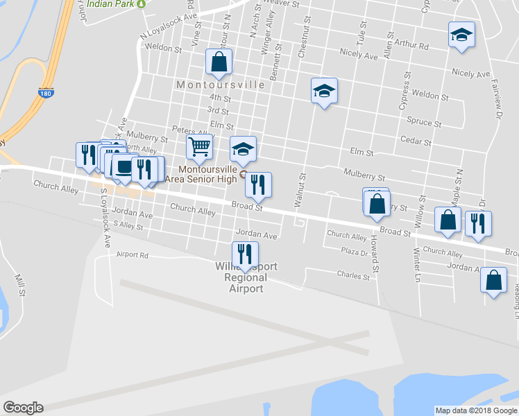 map of restaurants, bars, coffee shops, grocery stores, and more near 716 Broad Street in Montoursville