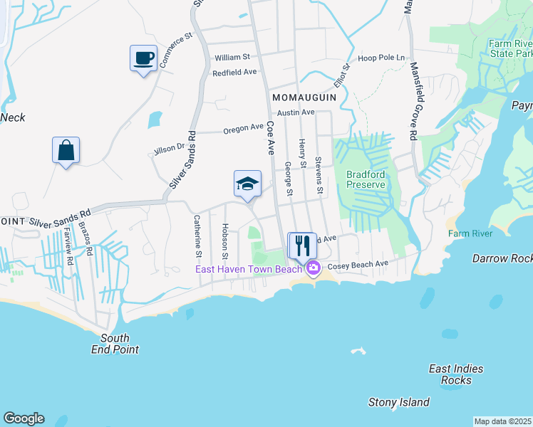 map of restaurants, bars, coffee shops, grocery stores, and more near 11 Cold Spring Street in East Haven