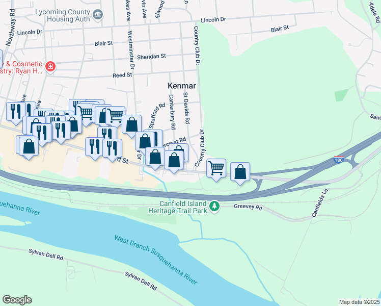 map of restaurants, bars, coffee shops, grocery stores, and more near 325 Saint Davids Road in Williamsport