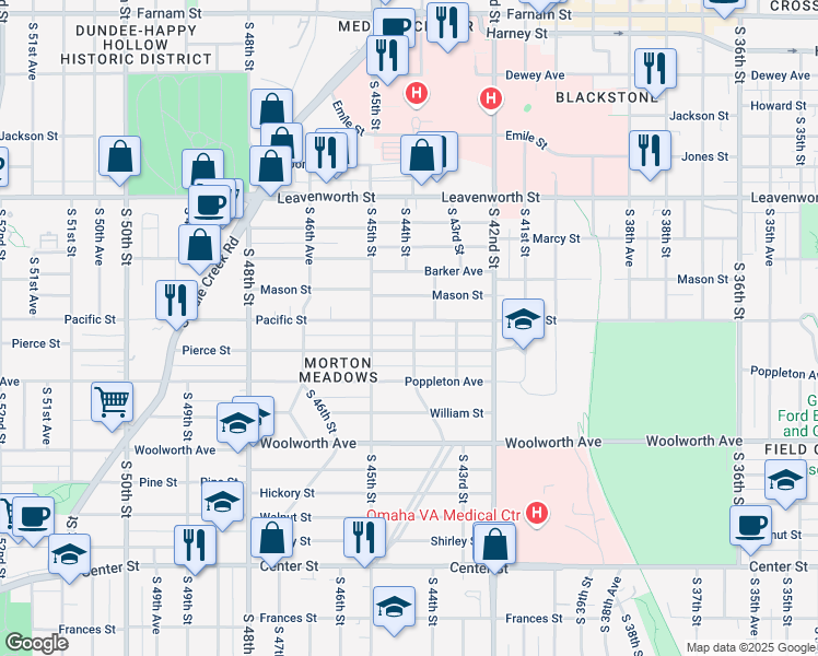 map of restaurants, bars, coffee shops, grocery stores, and more near 1102 South 44th Street in Omaha