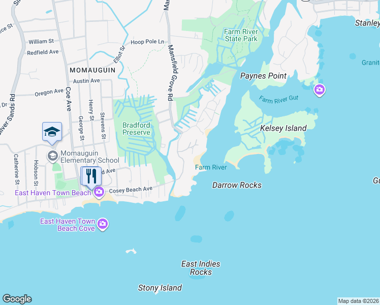 map of restaurants, bars, coffee shops, grocery stores, and more near 64 Mansfield Grove Road in East Haven