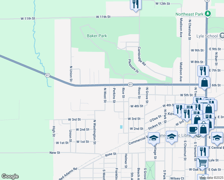 map of restaurants, bars, coffee shops, grocery stores, and more near 507 Perkins Street in Kewanee
