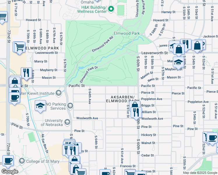 map of restaurants, bars, coffee shops, grocery stores, and more near 6231 Pacific Street in Omaha