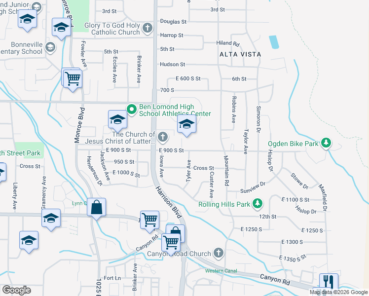 map of restaurants, bars, coffee shops, grocery stores, and more near 1300 9th Street in Ogden