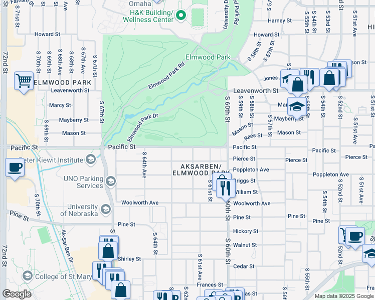 map of restaurants, bars, coffee shops, grocery stores, and more near 6127 Pacific Street in Omaha